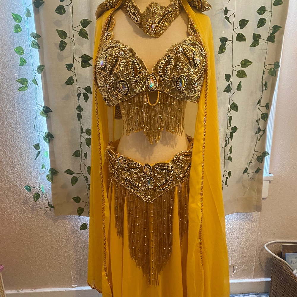 Gold Belly Dance Costume Set | Rhinestone Beaded Fringe | Skirt Bra Cape | S/M